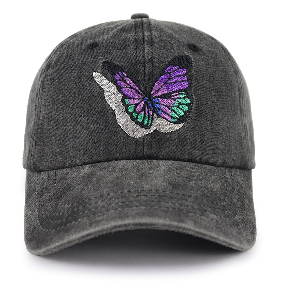 2pcs Vintage Washed Cotton Baseball Cap For Women Men, Cute Butterfly Embroidered Low Profile Hat, Adjustable Unstructured Trucker Cap For Outdoor Travel
